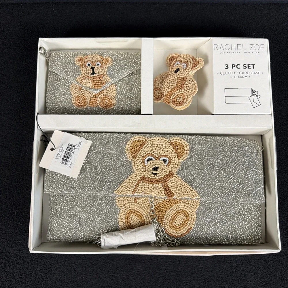 Rachel Zoe Silver Beaded Bear Clutch Shoulder Strap Card Case Bag Charm